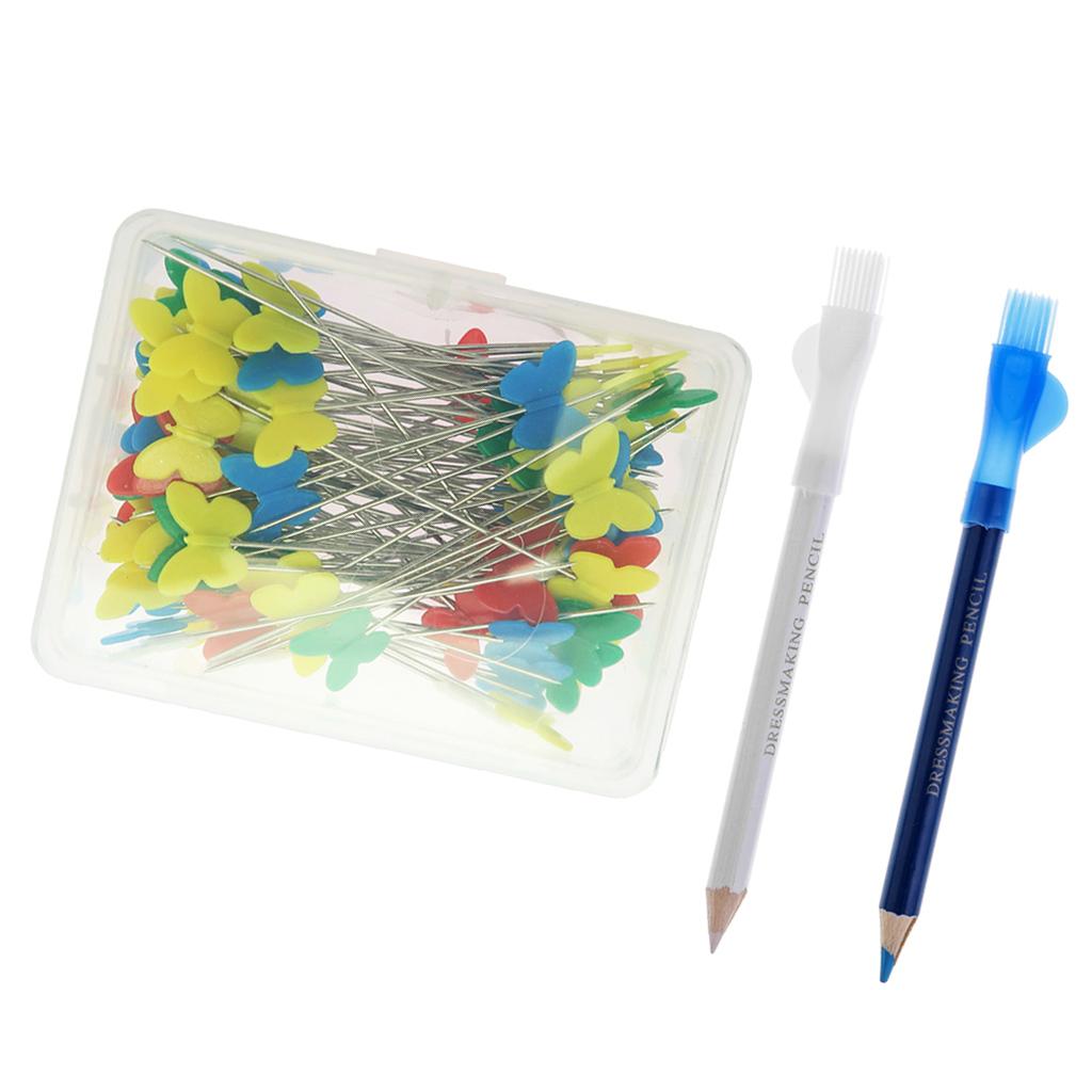 100Pcs Dressmaking Sewing Pins With 2Pcs Tailors Chalk Pen Pencil For Sewing