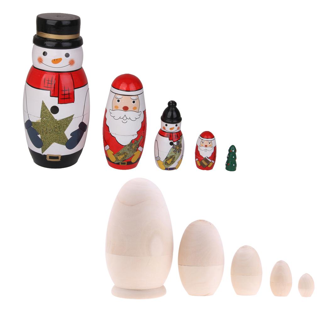 2 Set 5 Pieces Santa Claus Babushka Russian Nesting Doll Wood Matryoshka Toy