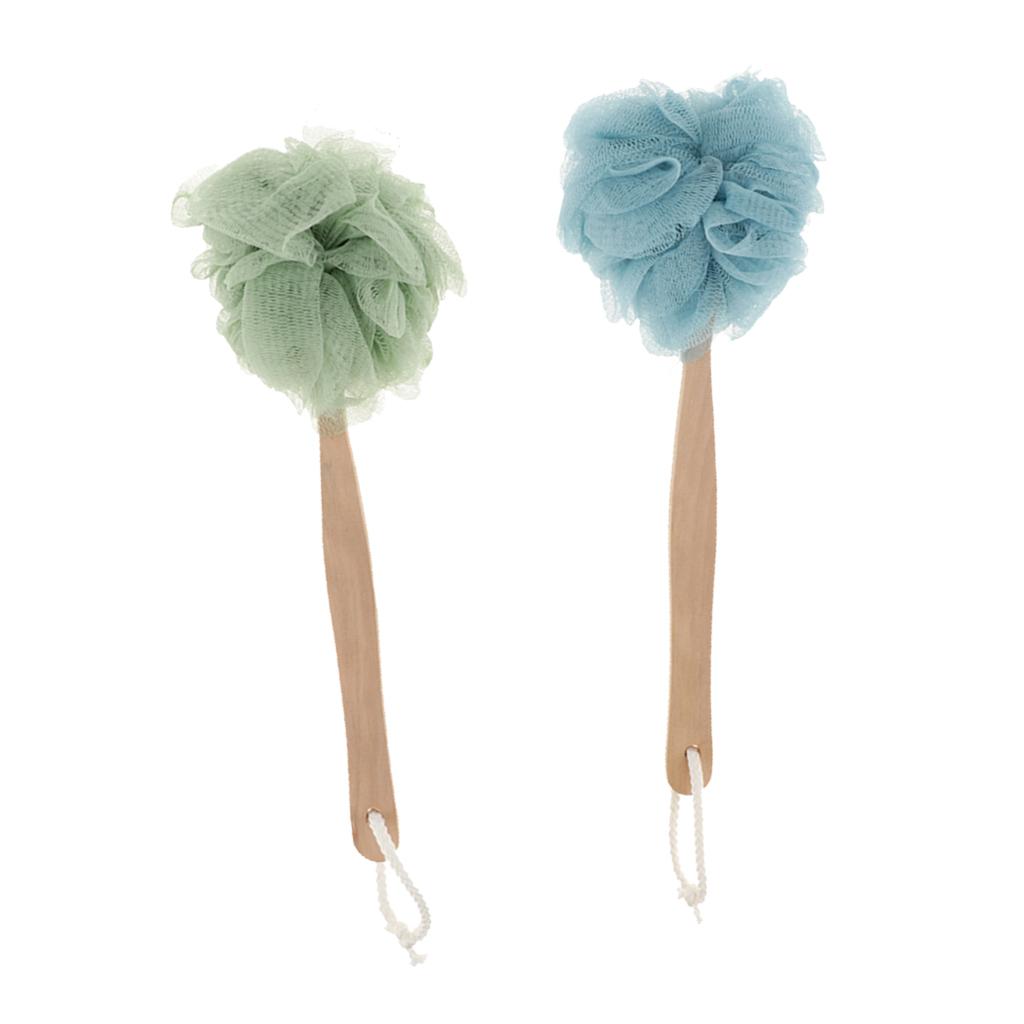 2 Piece Long Handle Shower Puff Pouf Sponge Exfoliating Mesh Brush Scrubber