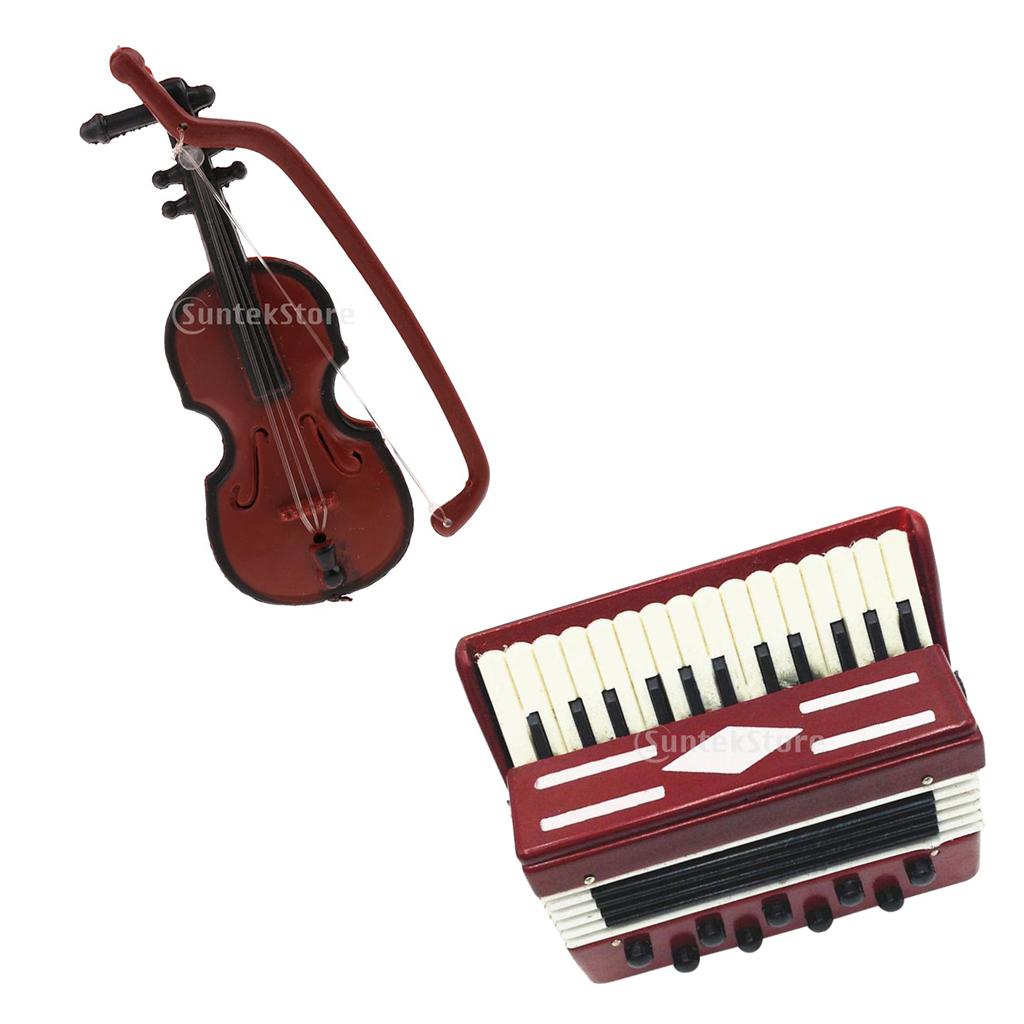 1/12 Dollhouse Miniature Musical Instrument Violin Accordion Model Accessory