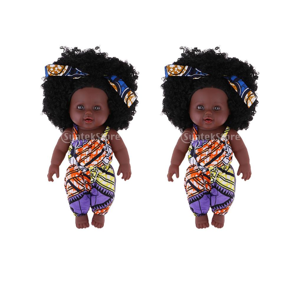 2pcs 30cm Real Life Baby Girl Doll Vinyl African Newborn Infant in Clothes
