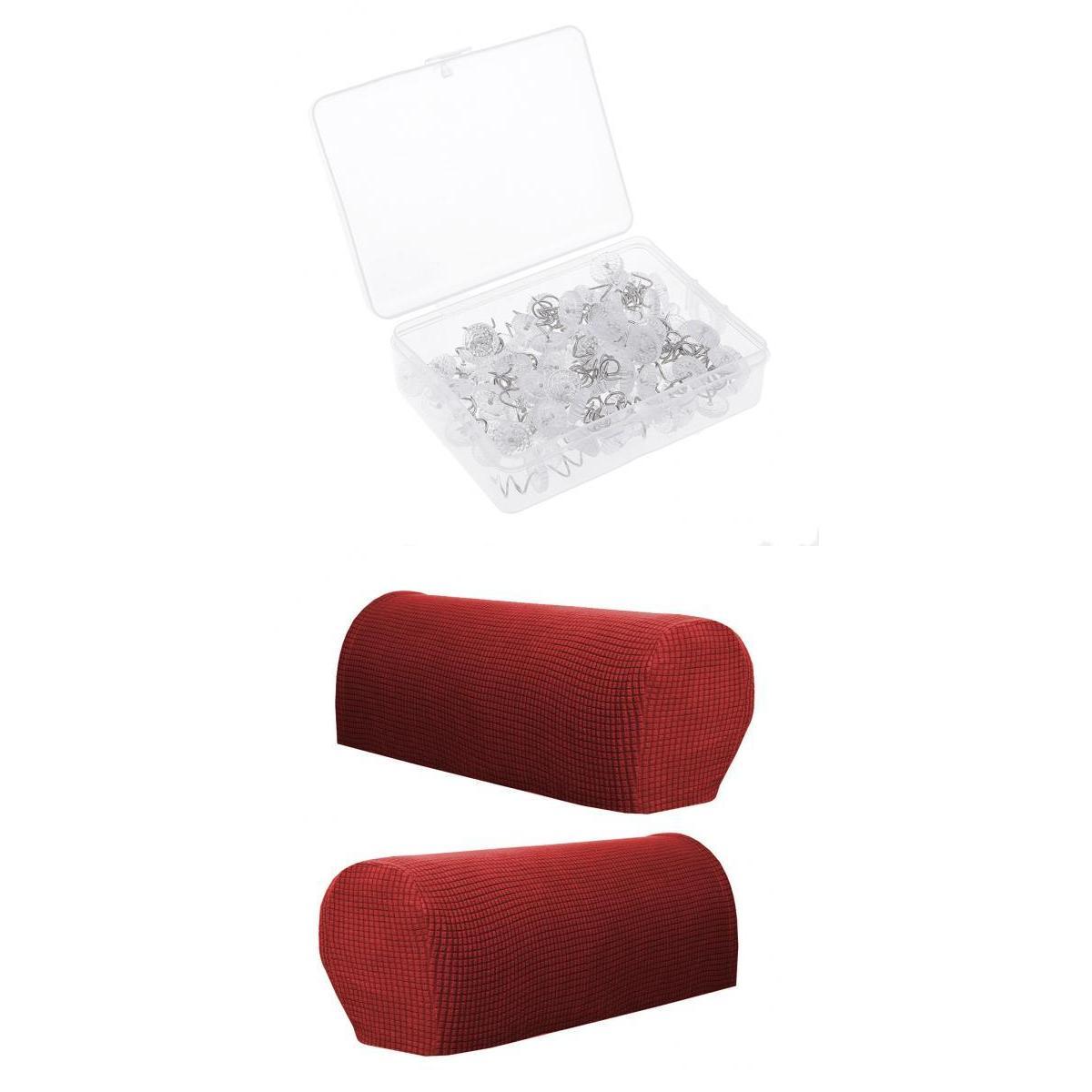 1 Pair Flannel Sofa Armrest Covers with 100 Pieces Bed Skirt Pins Burgundy