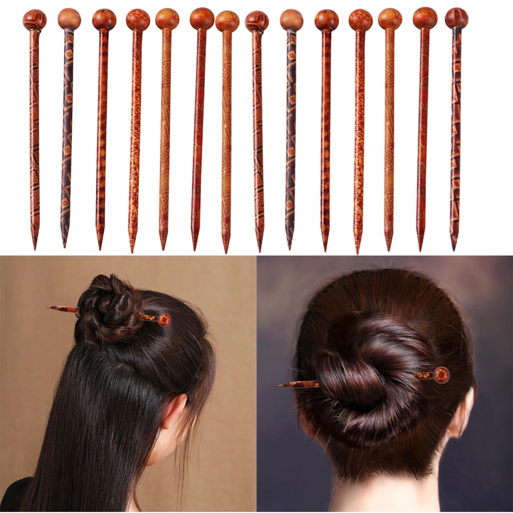 14 Pcs Retro Print Wooden Hairpin Needle Headdress Jewelry Accessories 13 cm