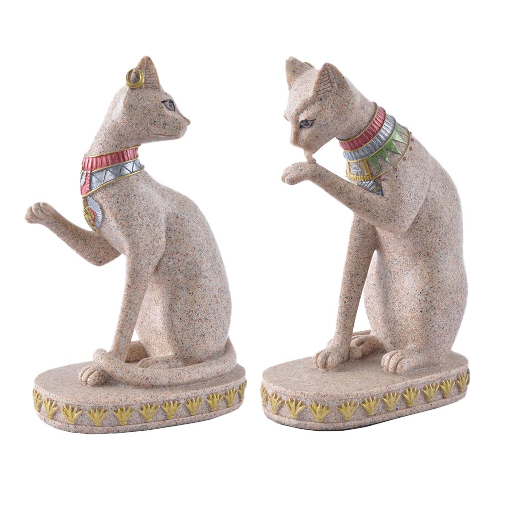 2pcs Sandstone Egyptian Mau Cat Statue Sculpture Hand Carved Figurine