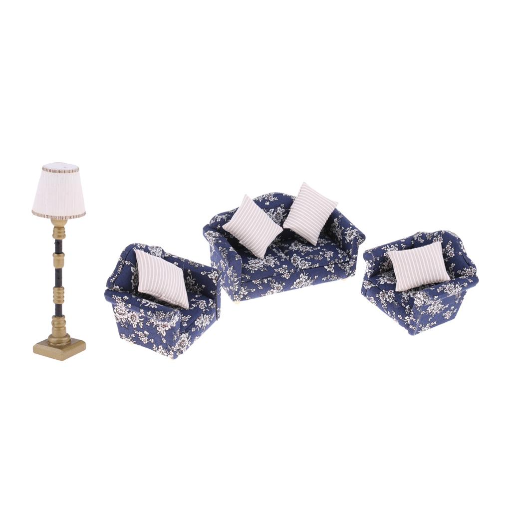 1/12 Dollhouse Miniature Furniture Sofa Couch Cushions & Floor Lamp Light