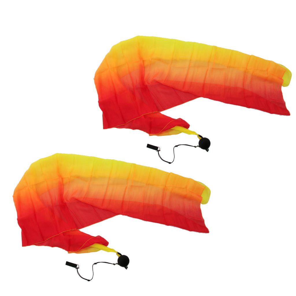 2x Belly Dance Silk Veil Poi Throw Balls Dancing Accessory Red Orange Yellow