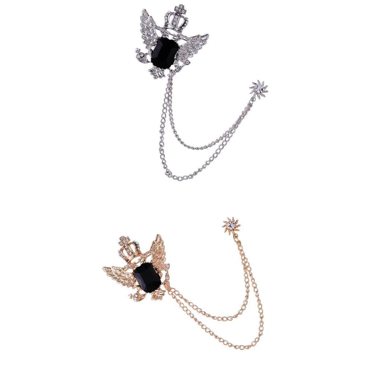 2x Luxury Crystal Gold/Silver Crown & Wings Men's Hanging Chain Brooch Pin