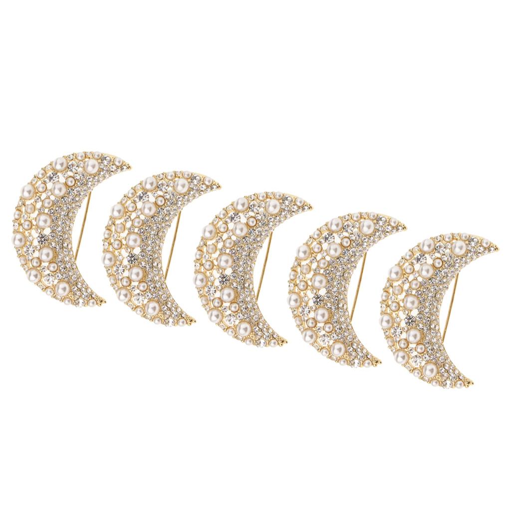 5 Pieces Gold Rhinestone Crystal Artificial Pearl Moon Shape Brooch Pins
