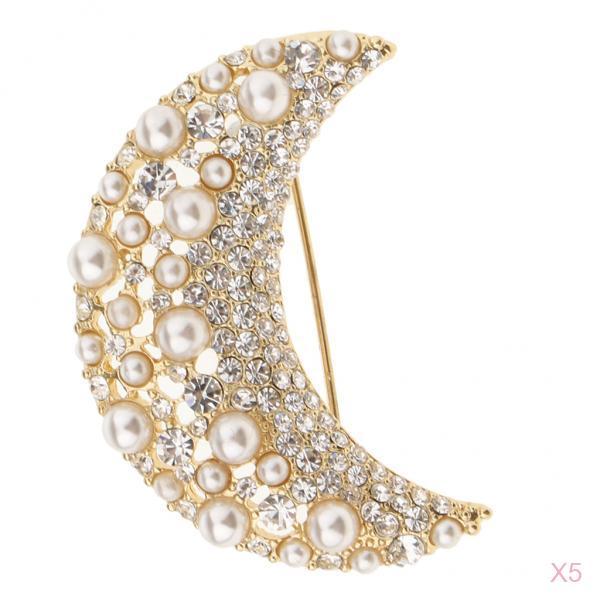 5 Pieces Gold Rhinestone Crystal Artificial Pearl Moon Shape Brooch Pins