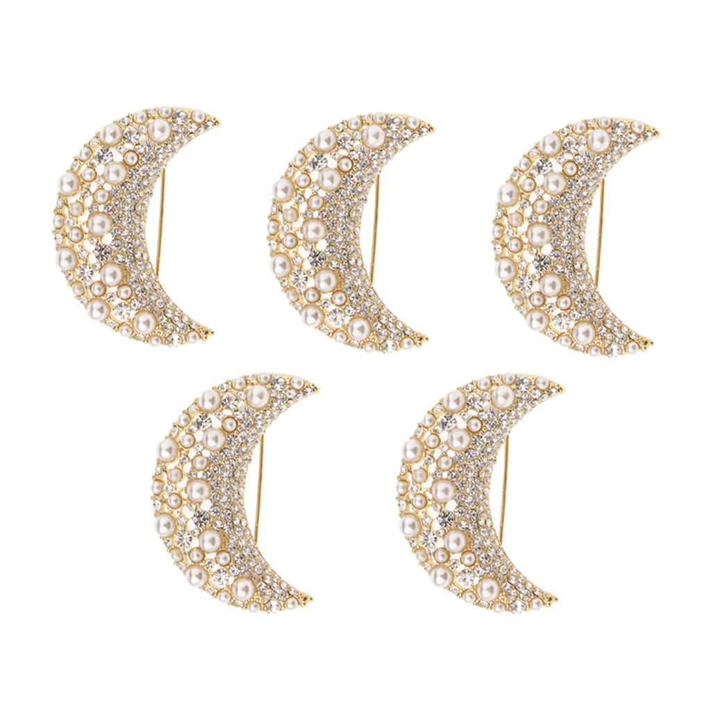 5 Pieces Gold Rhinestone Crystal Artificial Pearl Moon Shape Brooch Pins