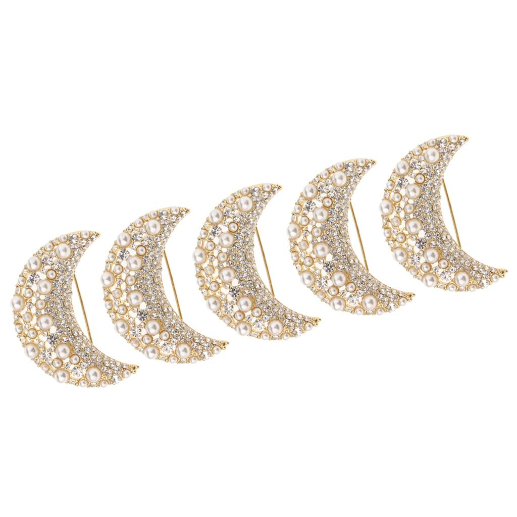 5 Pieces Gold Rhinestone Crystal Artificial Pearl Moon Shape Brooch Pins