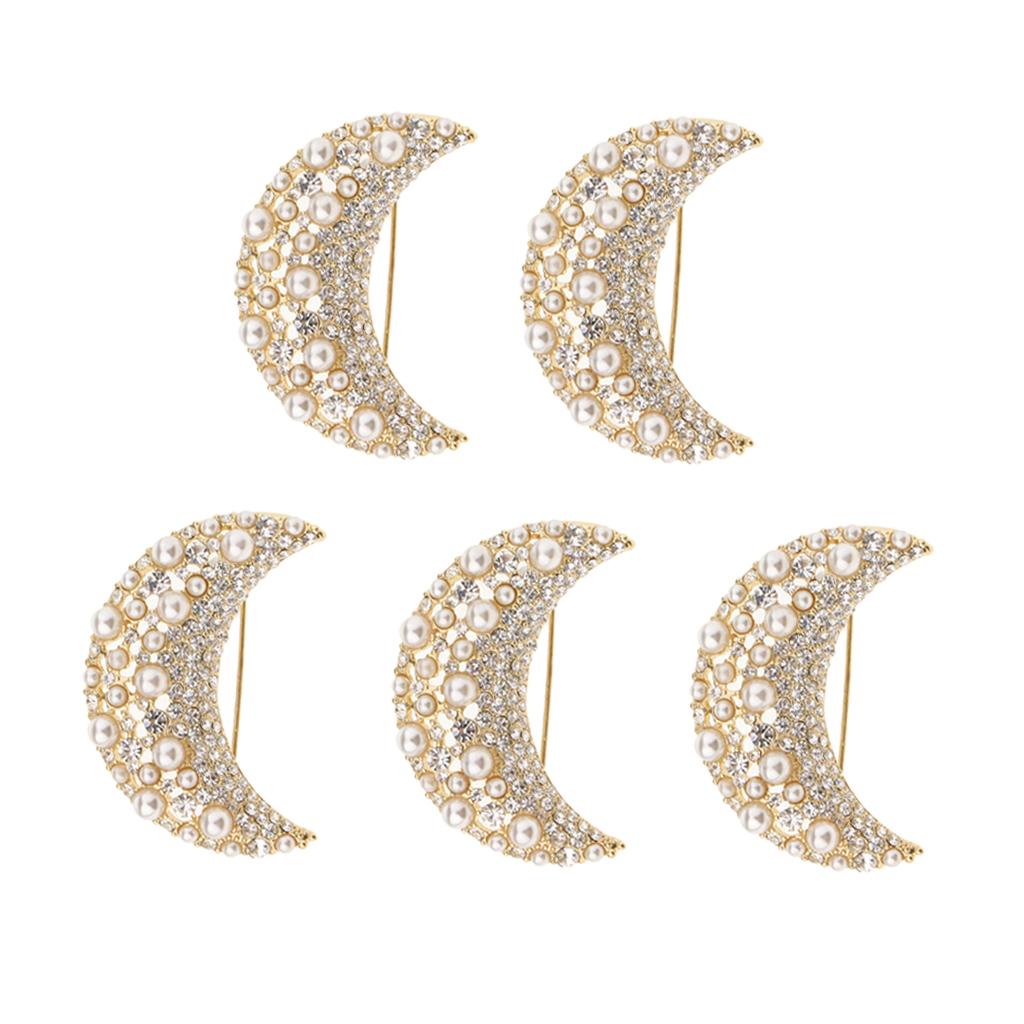 5 Pieces Gold Rhinestone Crystal Artificial Pearl Moon Shape Brooch Pins