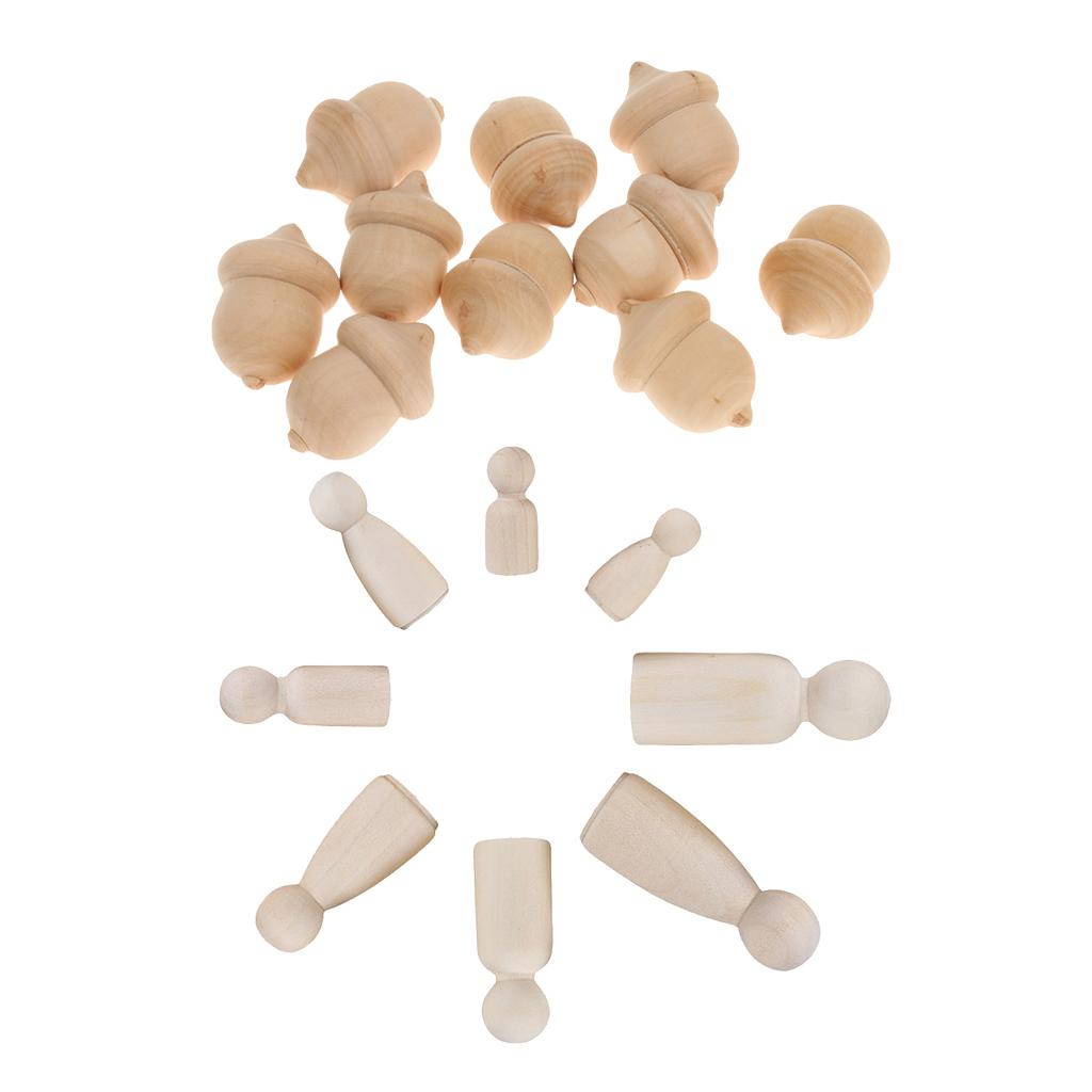 12Pcs Wooden People Peg Doll & 10Pcs Novelty Waldorf Wood Acorns DIY Crafts
