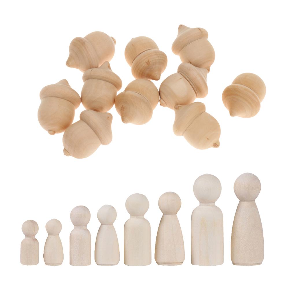 12Pcs Wooden People Peg Doll & 10Pcs Novelty Waldorf Wood Acorns DIY Crafts