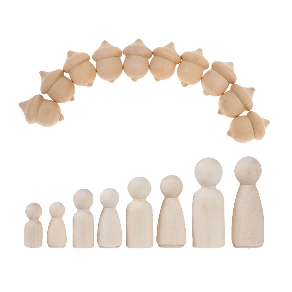12Pcs Wooden People Peg Doll & 10Pcs Novelty Waldorf Wood Acorns DIY Crafts