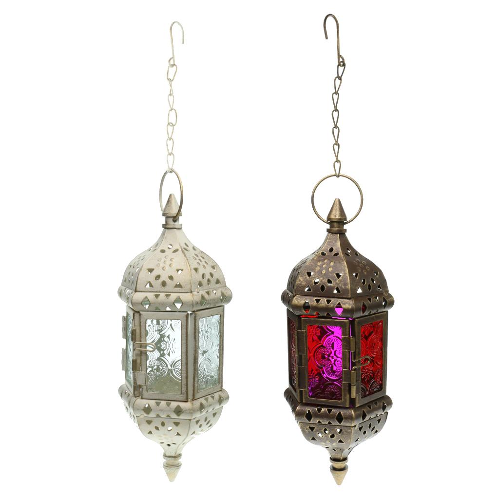 2pcs Iron Chain Hanging Glass Candlestick Candle Holder Lantern Lamp