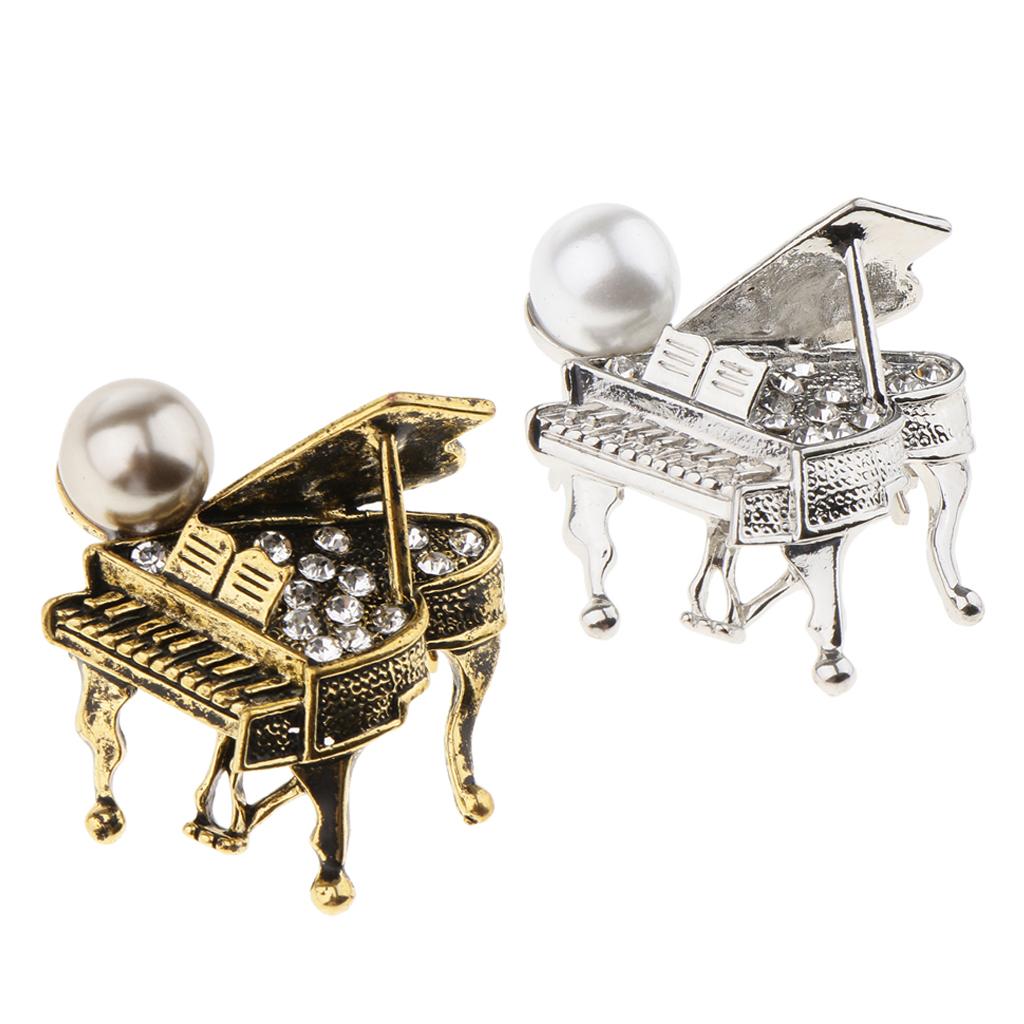 2 Pieces Chic Rhinestone Music Piano Brooches Lapel Pin Wedding Jewelry Gift