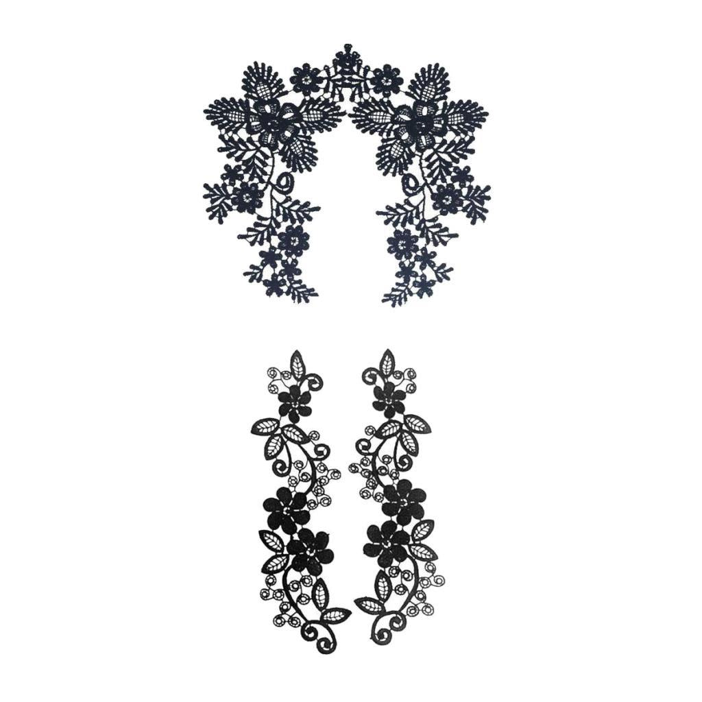 2 Sets Embroidered Neckline Collar Flower Lace Trimming Applique Black