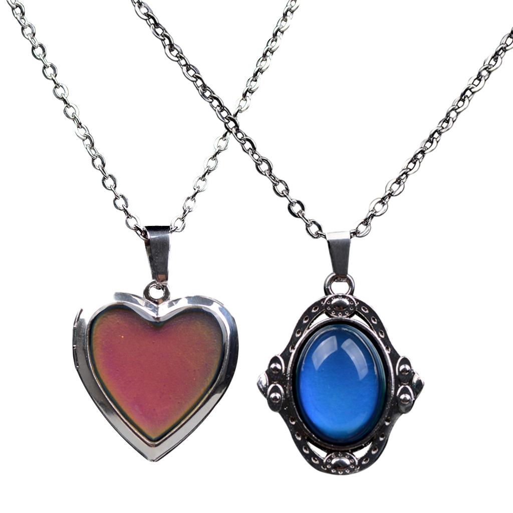 2 Pieces Photo Frame Locket and Gem Pendant Mood Change Color Necklace