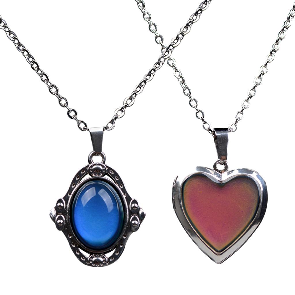2 Pieces Photo Frame Locket and Gem Pendant Mood Change Color Necklace