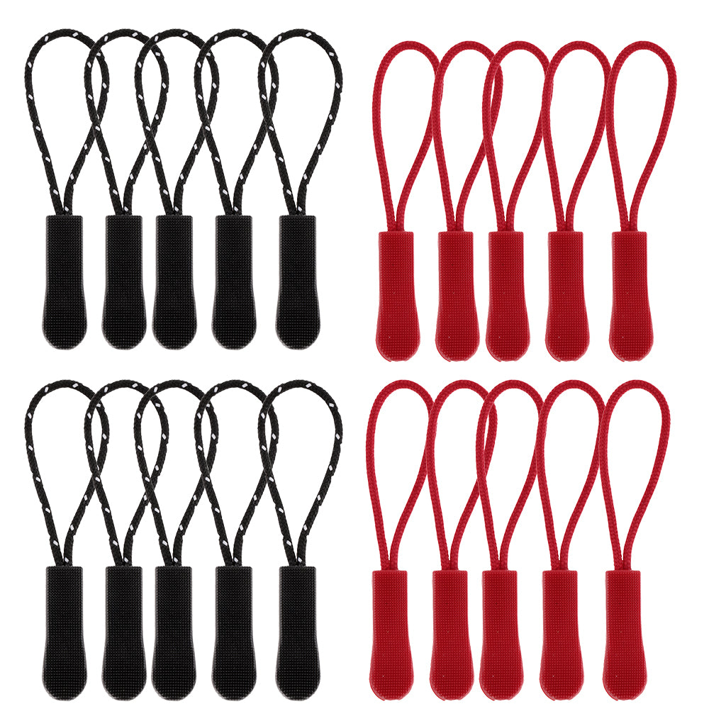20Pcs Plastic Zipper Pull Cord Zip Puller Slider for Clothes Bags Black Red