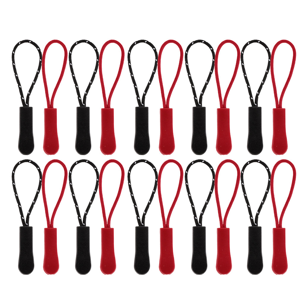 20Pcs Plastic Zipper Pull Cord Zip Puller Slider for Clothes Bags Black Red