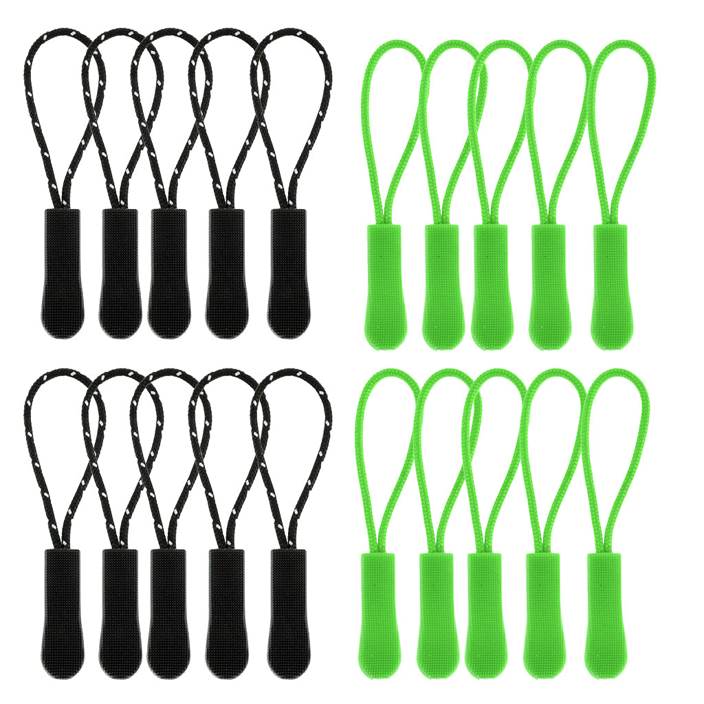 20Pc Plastic Zipper Pull Cord Zip Puller Slider for Clothes Bags Green Black
