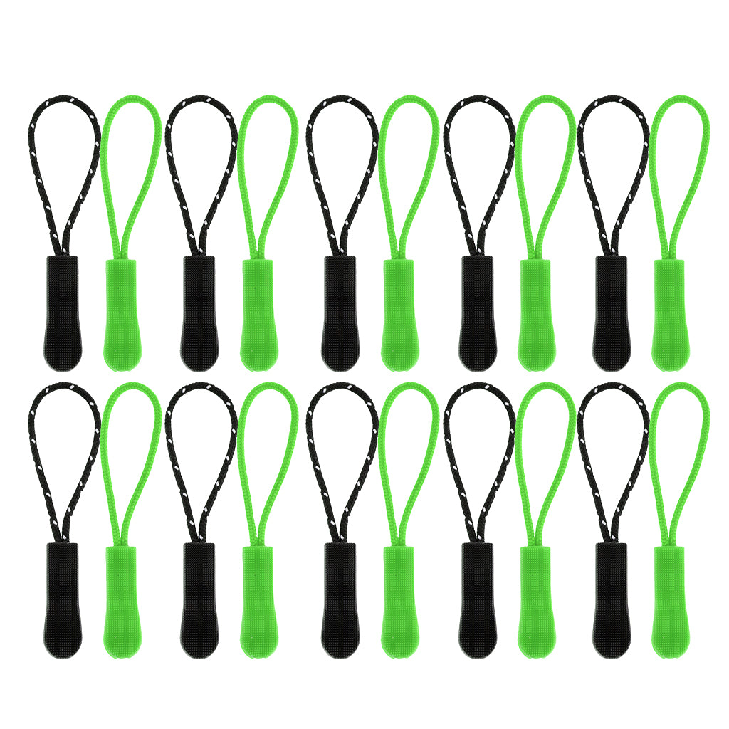 20Pc Plastic Zipper Pull Cord Zip Puller Slider for Clothes Bags Green Black