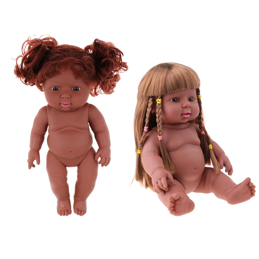 2 Pieces 30cm Vinyl Newborn Baby Girl Doll Kids Sleeping Toy Black Color
