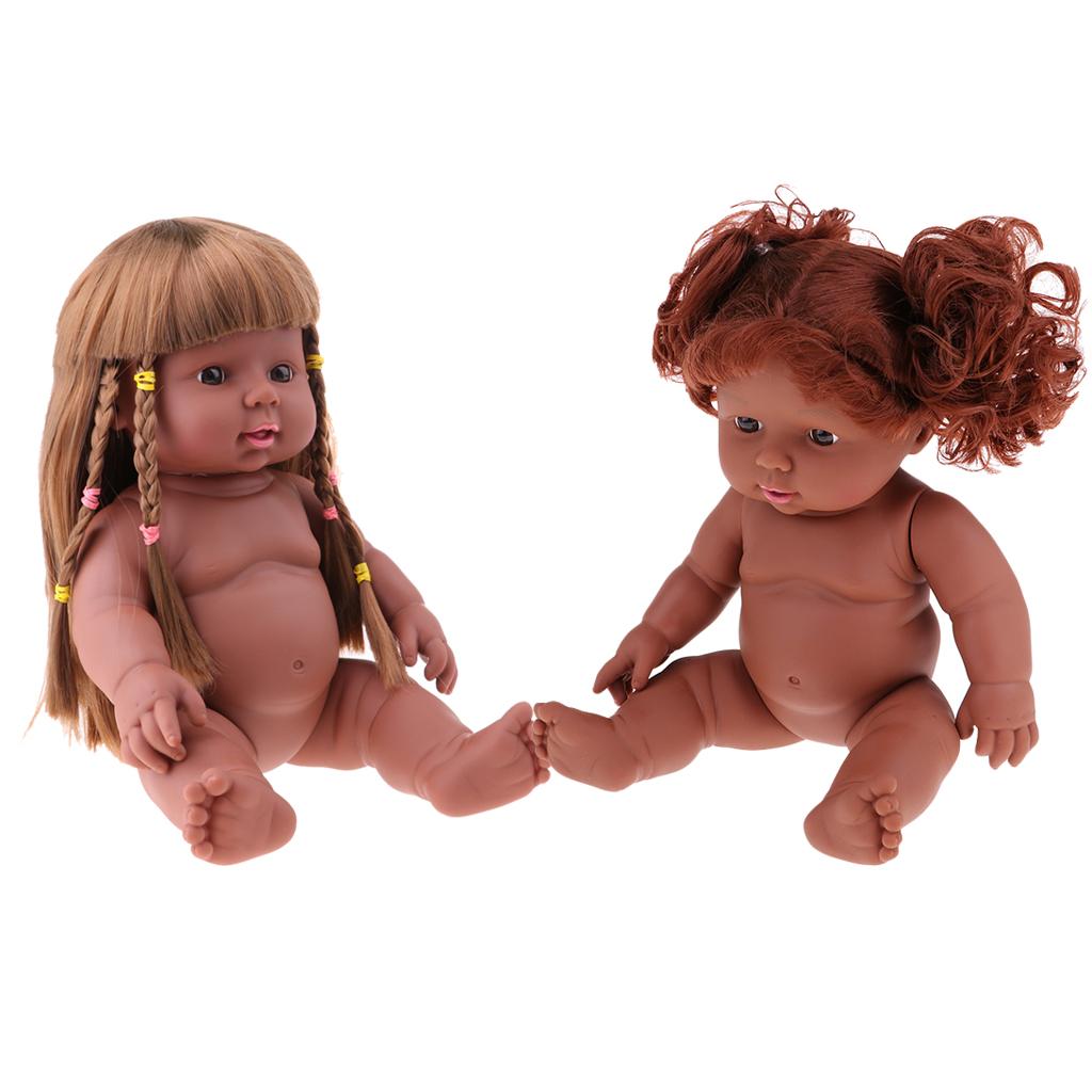 2 Pieces 30cm Vinyl Newborn Baby Girl Doll Kids Sleeping Toy Black Color
