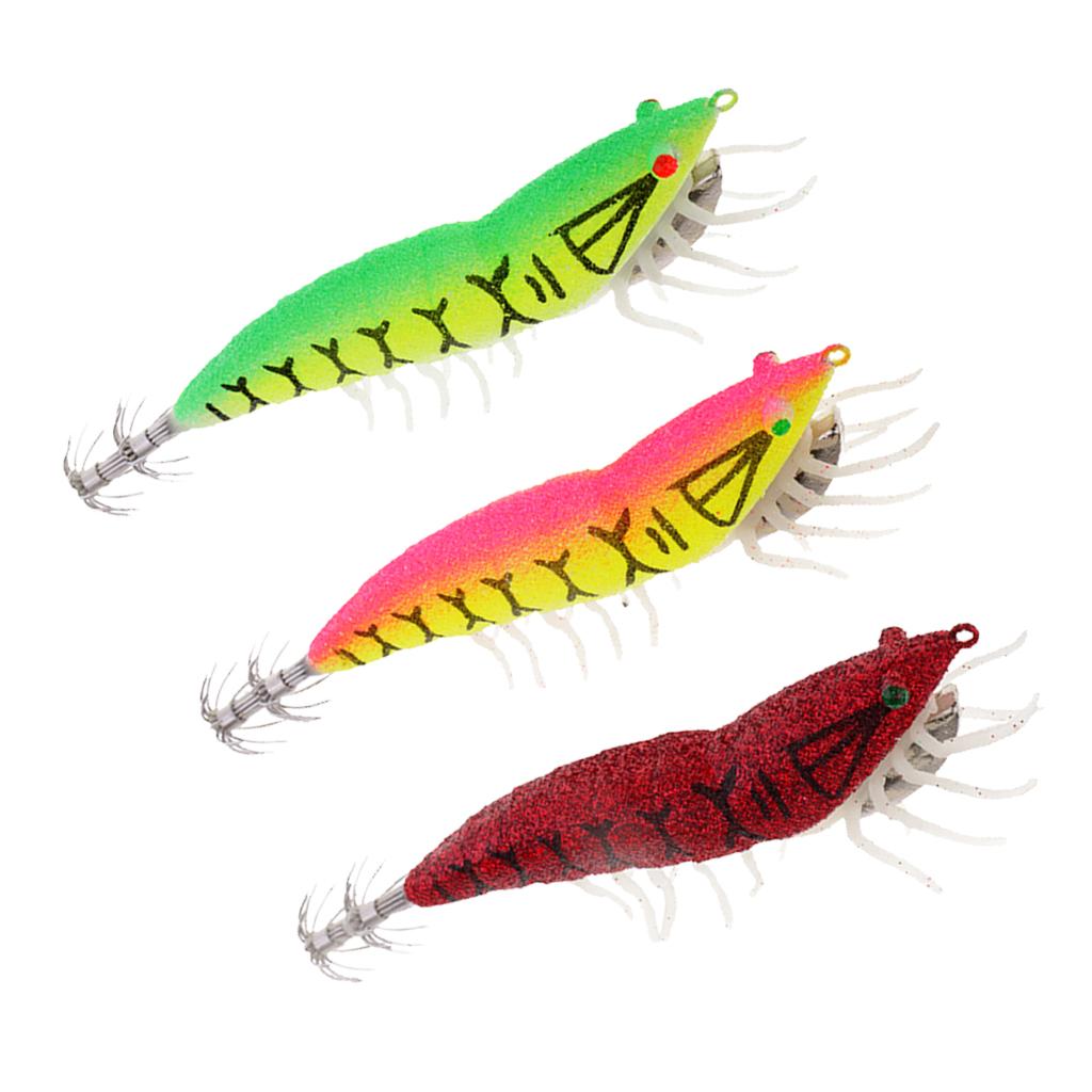 3pcs Shrimp Fishing Lures w/ Luminous Soft Leg Glow in Dark Squid Jig Hooks