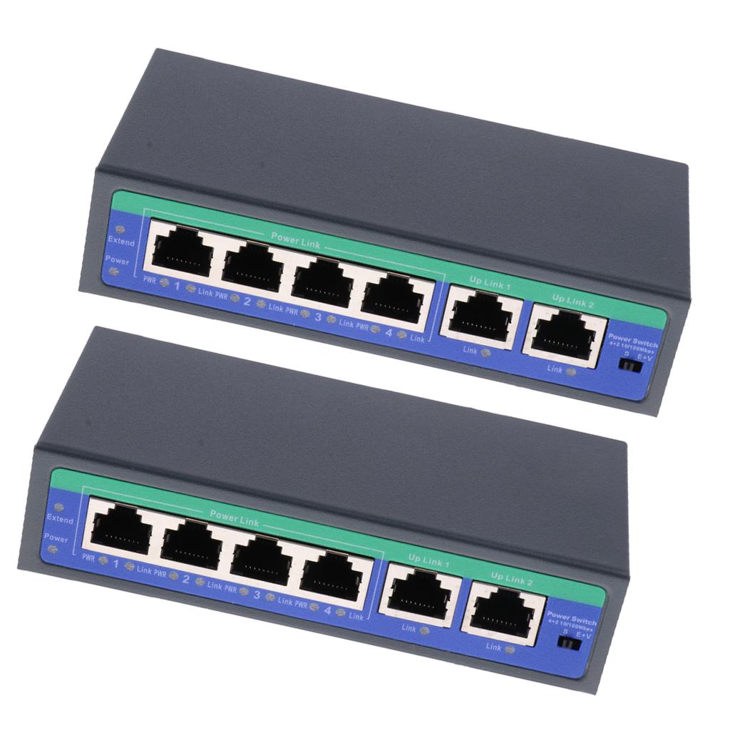 2Pcs 6Port 10/100M 4 POE Port & 2 Uplink Power Over Ethernet Switch Adapter