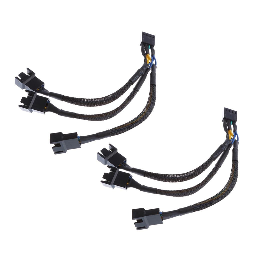 2Pcs 15cm 4pin Splitter Computer PC Fan Power Cable 1 to 3 Black Sleeved
