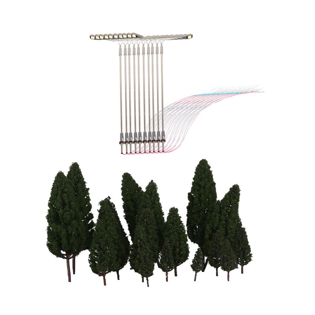 10X Double Head Street Light+20X Tower Shape Green Tree Models Train Railway