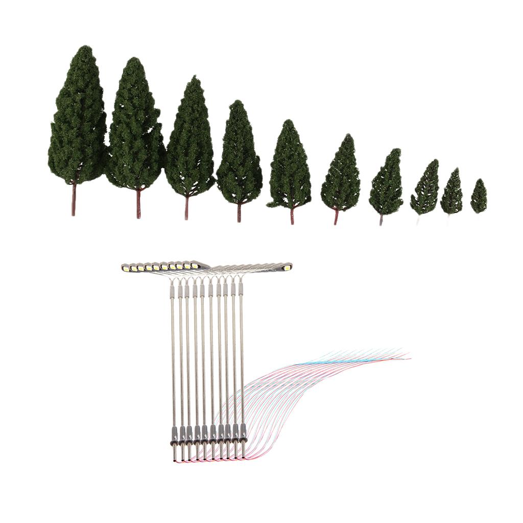 10X Double Head Street Light+20X Tower Shape Green Tree Models Train Railway