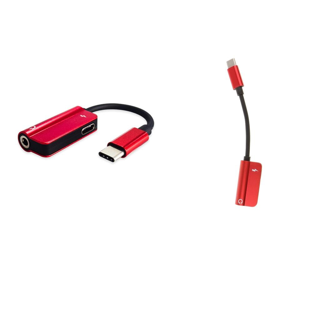 2X Type C to 3.5mm Headphone Audio Adapter and USB-C Charging Cable Red