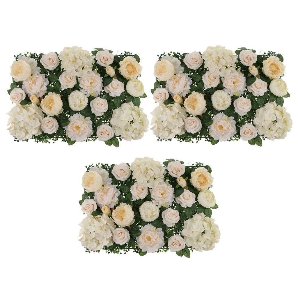 3 Pieces Silk Rose Peony Hydrangea Flower Wall Panels Backdrop Champagne