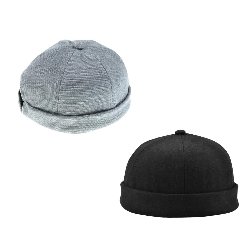 2 Pieces Unisex Mens Fashion Docker Retro Cap Skullcap Beanie Grey Black Hat