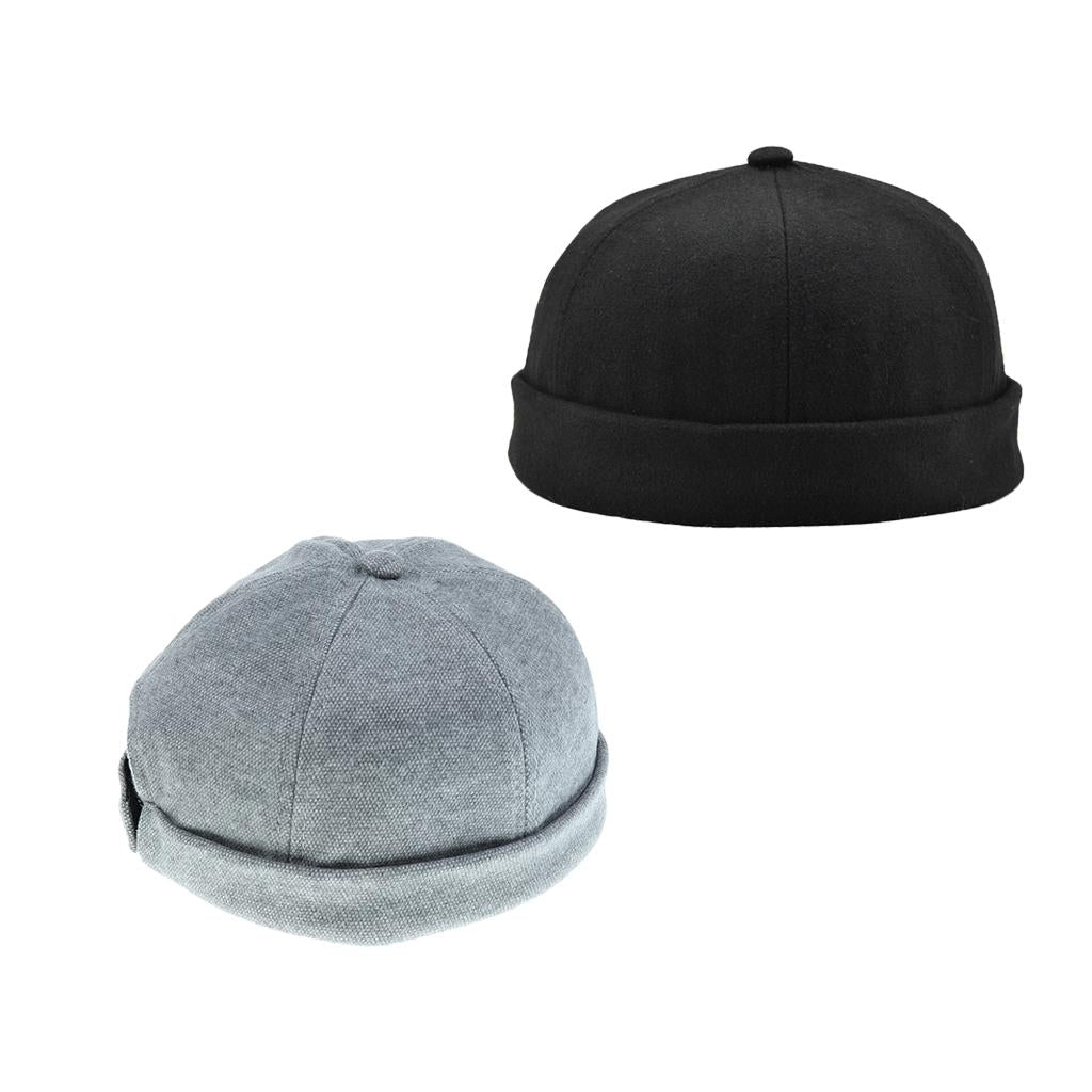 2 Pieces Unisex Mens Fashion Docker Retro Cap Skullcap Beanie Grey Black Hat