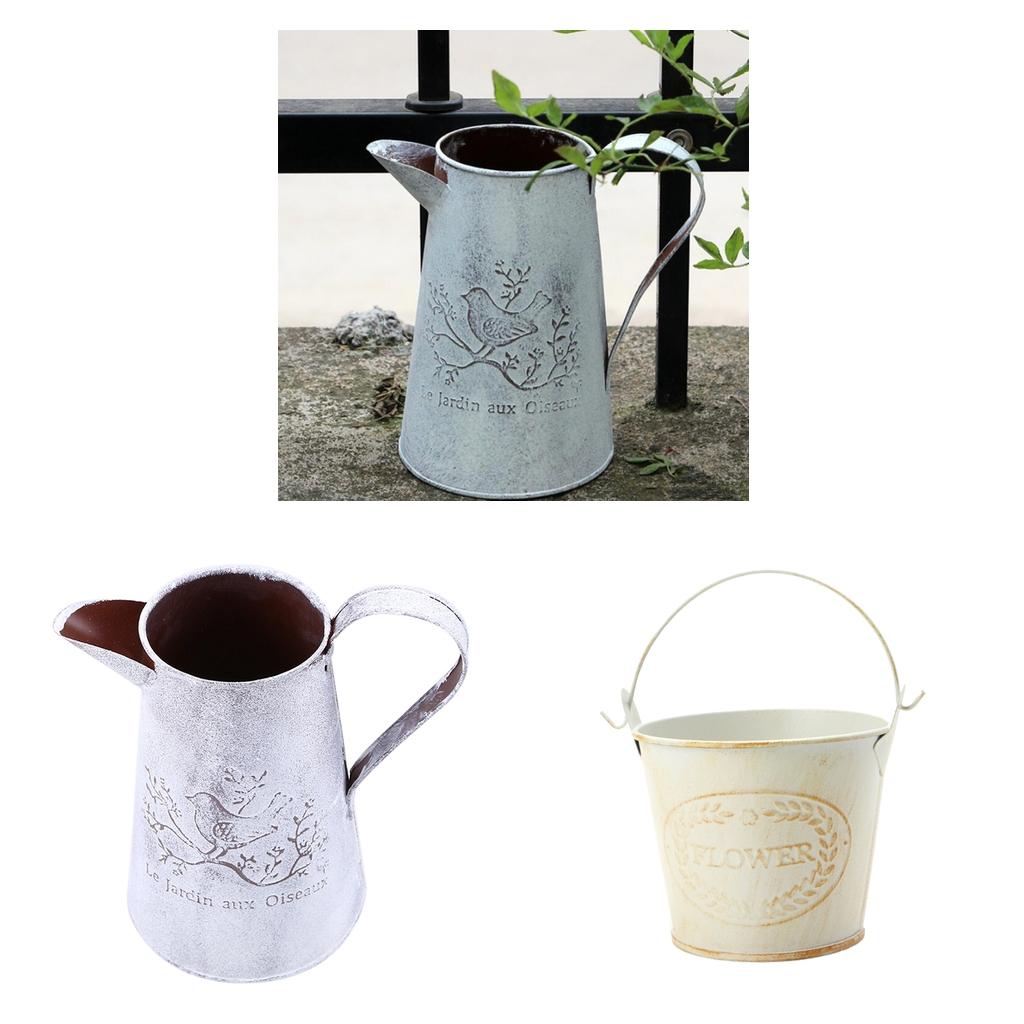2pcs Shabby Chic Galvanised Metal Iron Flower Plants Bucket Flower Vase Pot