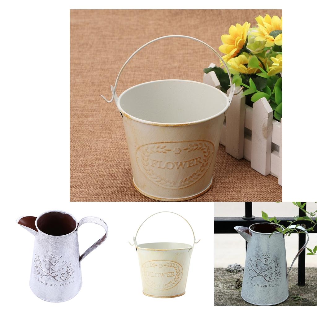 2pcs Shabby Chic Galvanised Metal Iron Flower Plants Bucket Flower Vase Pot