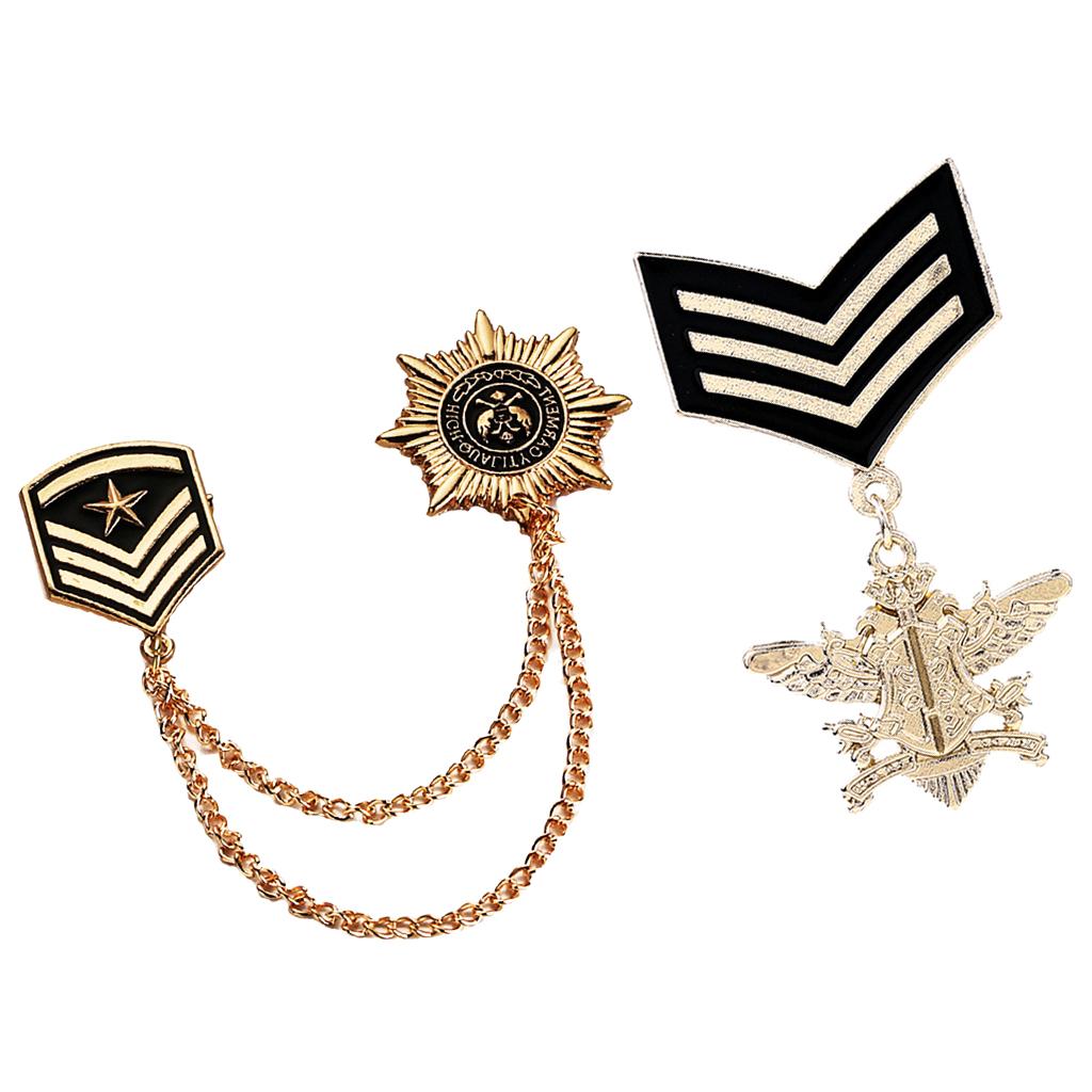 2 Pieces Retro Alloy Chain Brooch Pins Star Shield Army Badge Men Accessory