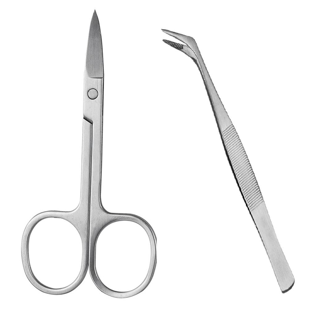 2pcs/set Steel Eyelash Extension Tweezer Curved Pincet Eyebrow Scissors Tool