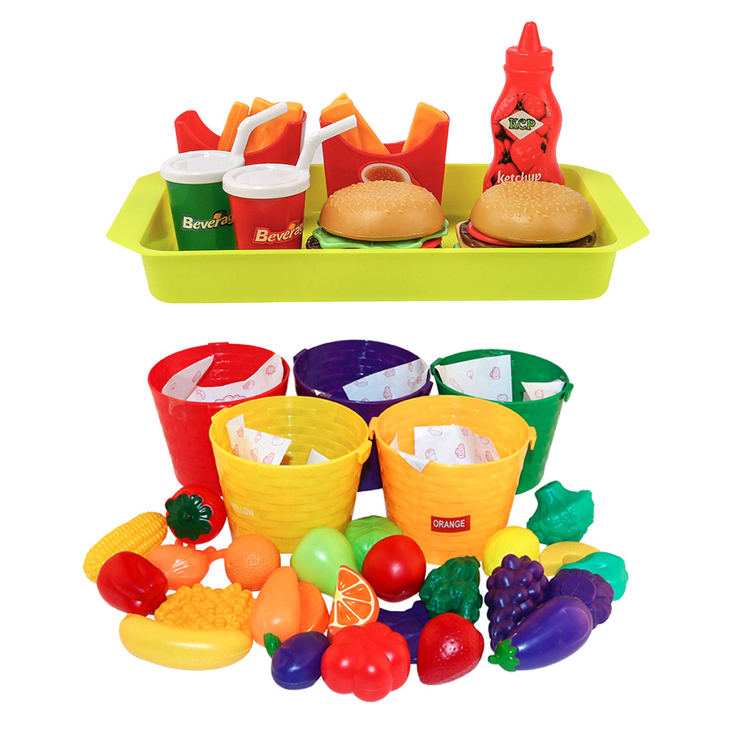 8pcs Simulation Fast Food Drinks Cuisine & 30pcs Fruits Baskets Set Kids Toy
