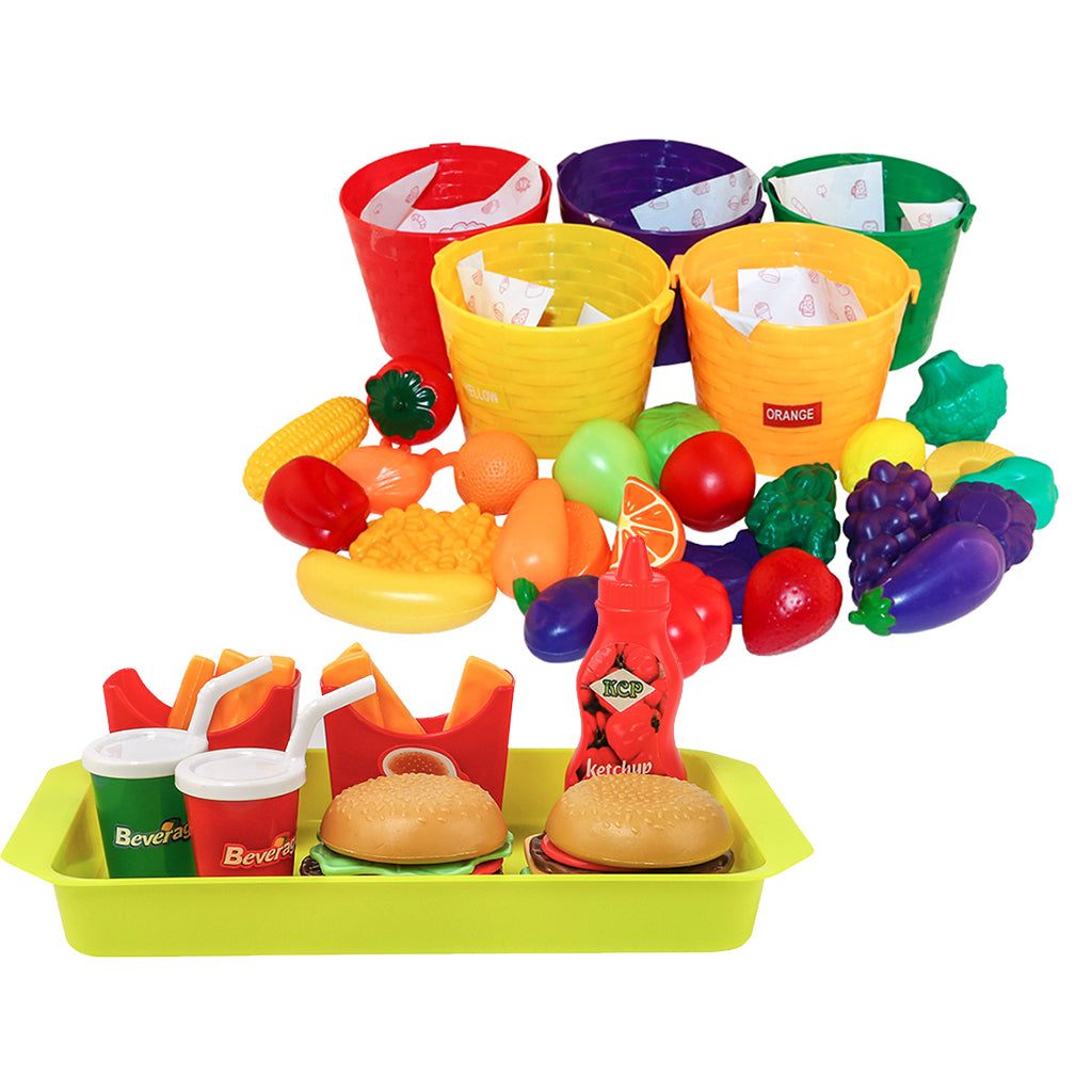 8pcs Simulation Fast Food Drinks Cuisine & 30pcs Fruits Baskets Set Kids Toy