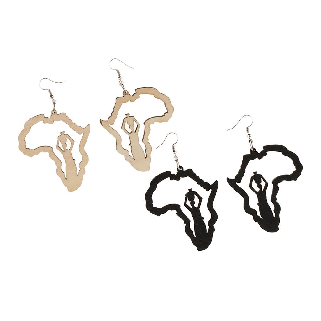 2 Pair Vintage Ethnic Natural Women Wooden African Map Tribal Drop Earrings