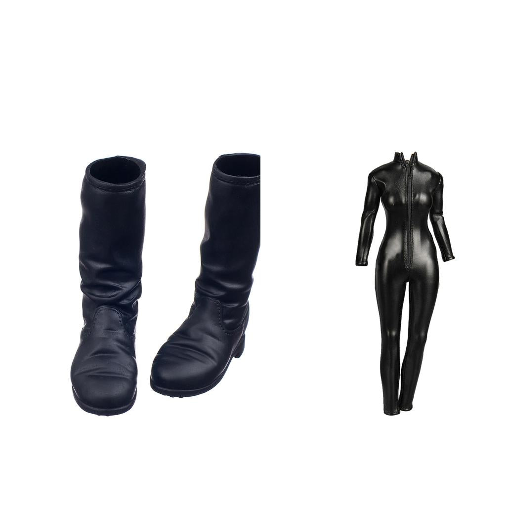 1/6 Female Clothes PU Jumpsuit and Flat Long Boots Shoes for 12'' Figures