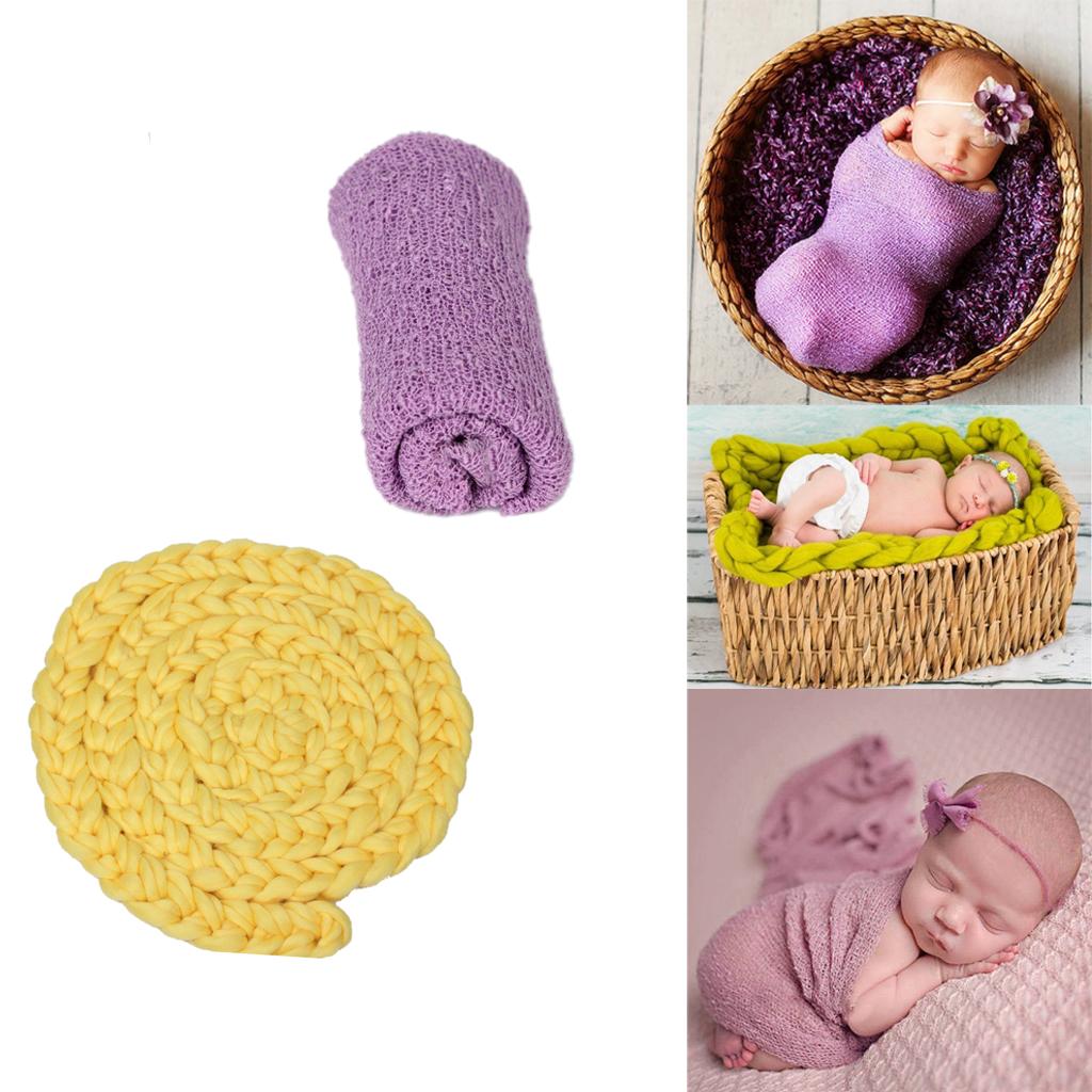 2 Pcs Newborn Baby Photo Props Stretch Knit Wrap + Braided Knitted Basket