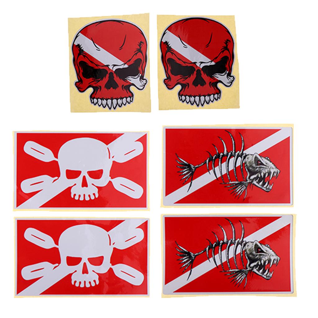 6pcs/Set Reflective Scuba Diving Diver Kayak Sticker Decal Marker Skull Red
