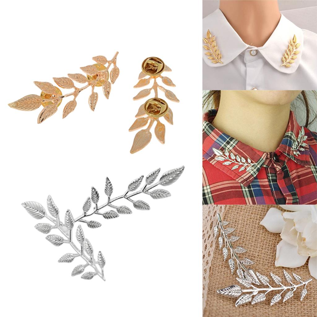 2 Pairs Bohemian Style Leaf Charms Collar Lapel Pin Brooch Silver Gold